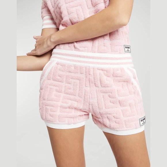 NEW Balmain Size 46 FR (14 US) Sponge Monogram Knit Shorts - Pink/White - Picture 4 of 6